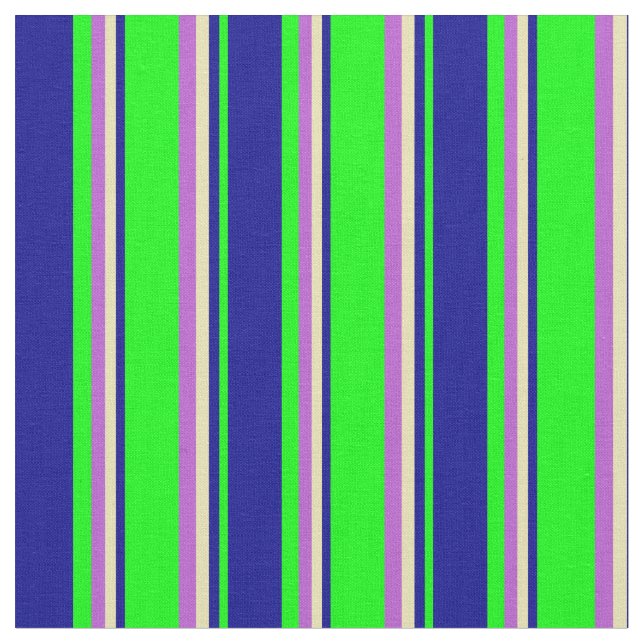 Lime, Dark Blue, Tan, and Orchid Coloured Pattern Fabric (Close Up)