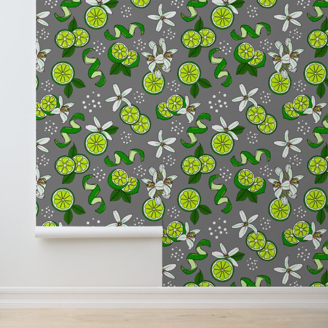Lime Fruit and Flowers Stylish Citrus Patterned Wallpaper (Application)
