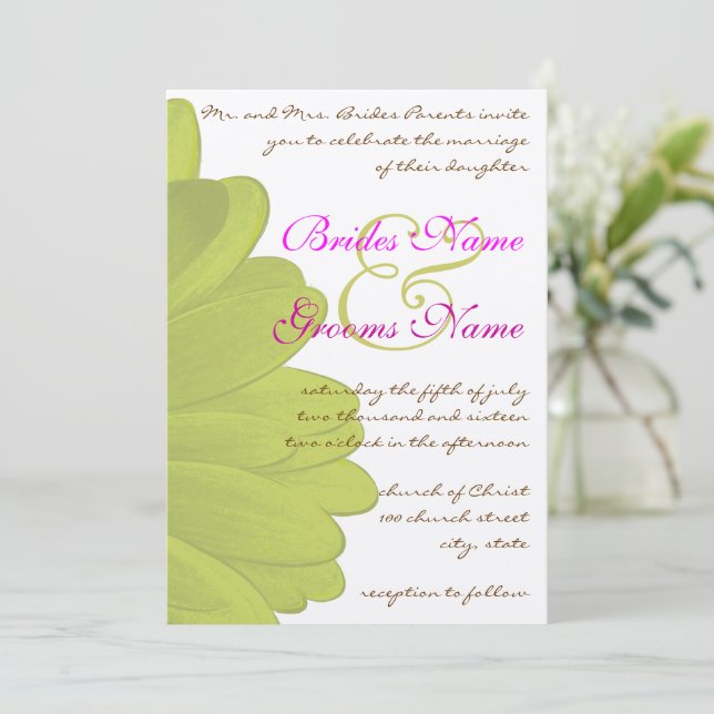 Lime & Fuchsia Gerber Daisy Wedding Invitation (Standing Front)