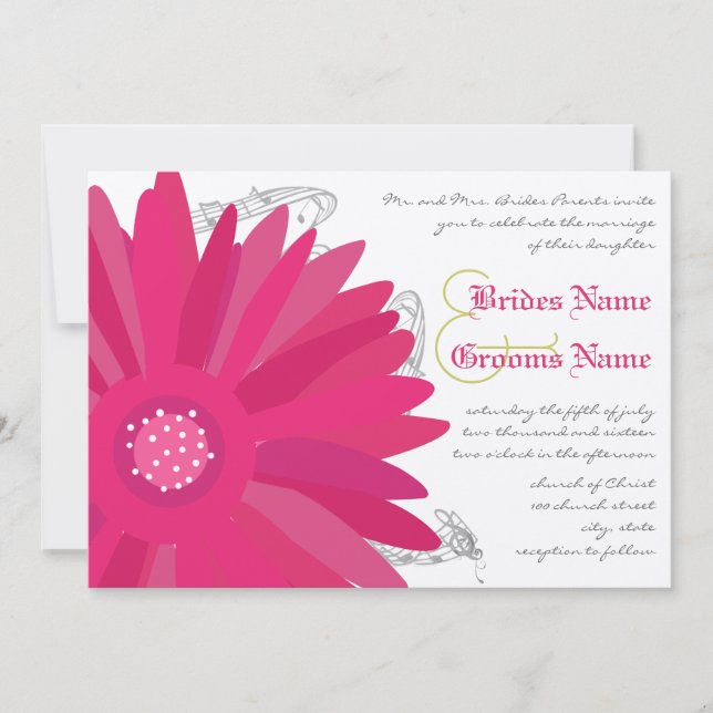 Lime & Fuchsia Gerber Daisy Wedding Invitation (Front)
