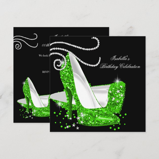 Lime Glitter High Heels Black Birthday Party Invitation (Front/Back)