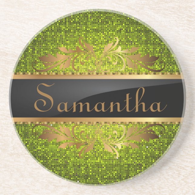 Lime Glitter Sequin Disco Glitz Pattern Coasters (Front)