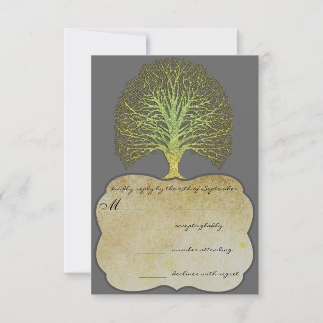Lime Gold Swirl Damask Tree Wedding RSVP Card (Front)