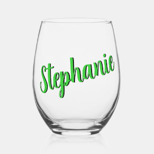 Lime Green 3D Elegant Handwritten Style Name Stemless Wine Glass