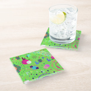 Lime Green Abstract Print Glass Coaster
