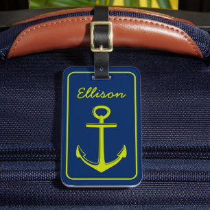 Lime Green Anchor on Navy Blue Personalised Luggage Tag