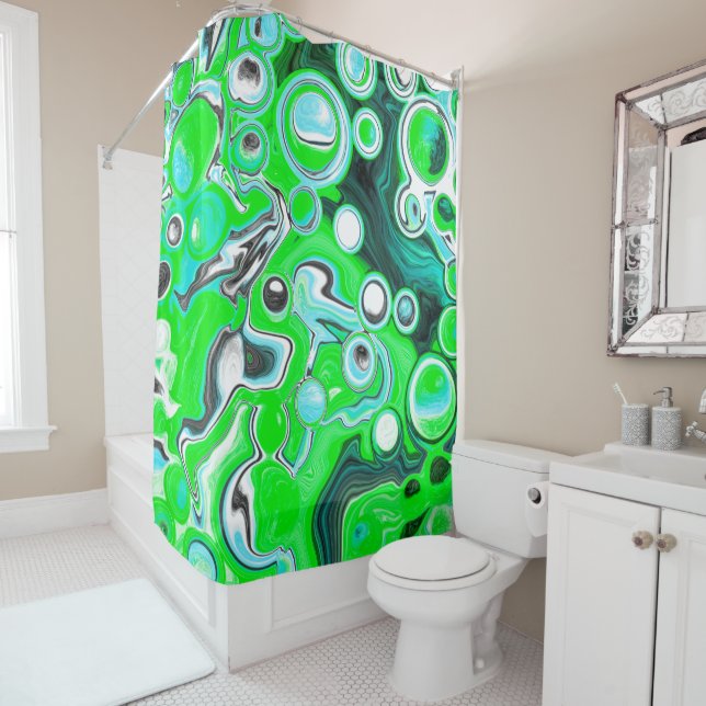 Lime Green and Aqua Blue Bubble Abstract Art  Shower Curtain (In Situ)