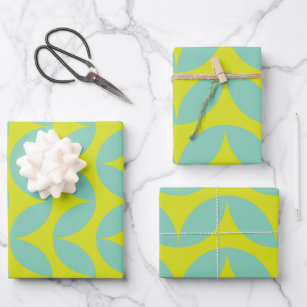 Lime Green and Aqua Blue Retro Leaf Pattern Wrapping Paper Sheet