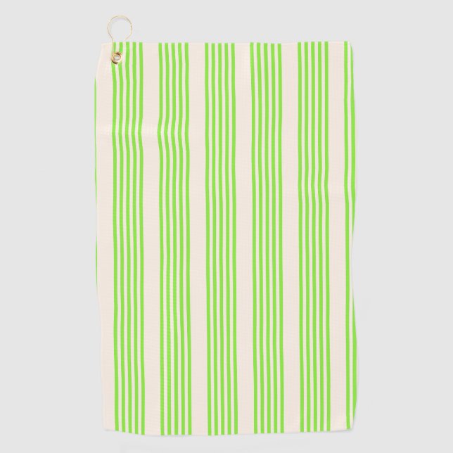 Lime green and beige five stripes pattern golf towel (Front)