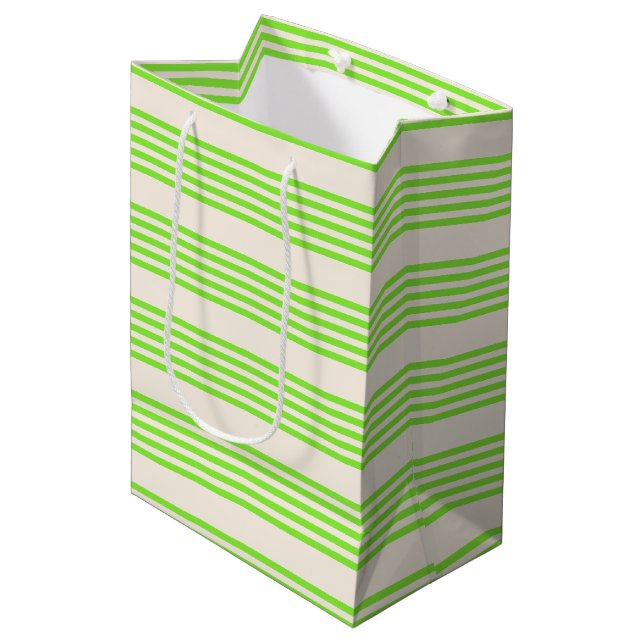 Lime green and beige five stripes pattern medium gift bag (Front Angled)