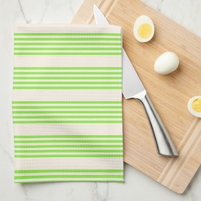 Lime green and beige five stripes pattern tea towel (Quarter Fold)