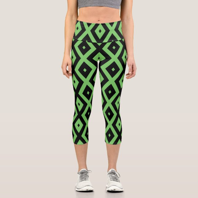 Lime green and black diamond pattern capri leggings (Front)