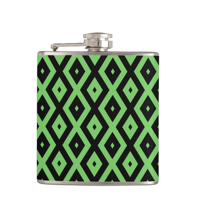 Lime green and black diamond pattern hip flask (Front)
