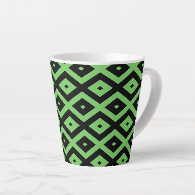 Lime green and black diamond pattern latte mug (Right Angle)
