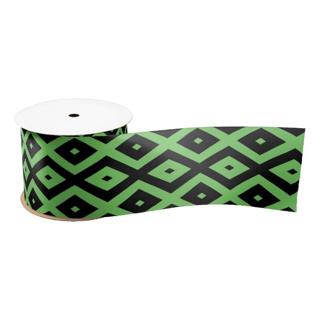 Lime green and black diamond pattern satin ribbon (Spool)