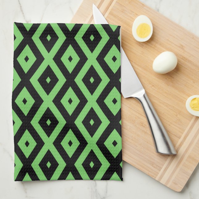 Lime green and black diamond pattern tea towel (Quarter Fold)