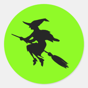 Lime Green and Black Flying Witch Halloween Classic Round Sticker