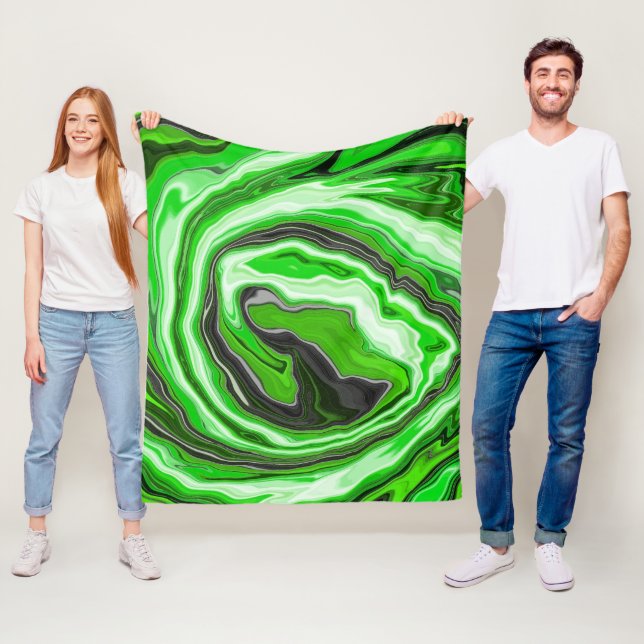 Lime Green and Black Marble like Swirls Fluid Art  Fleece Blanket (In Situ)
