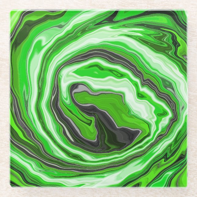 Lime Green and Black Marble like Swirls Fluid Art  Glass Coaster (Front)