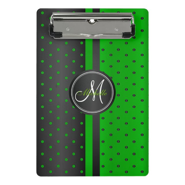 Lime Green and Black Polka Dots - Monogram Mini Clipboard (Front)