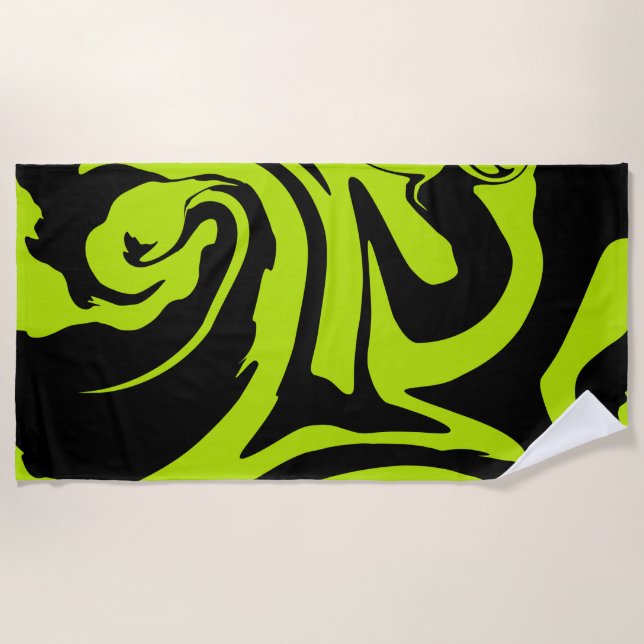 Lime Green and Black retro marble swirl Beach Towel (Front)