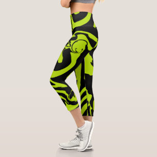 Lime Green and Black retro marble swirl Capri Leggings