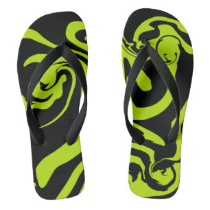 Lime Green and Black retro marble swirl Flip Flops