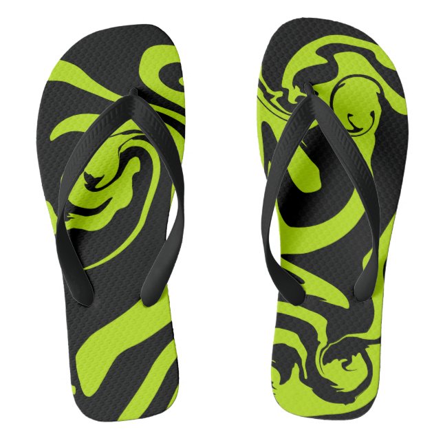 Lime Green and Black retro marble swirl Flip Flops (Footbed)