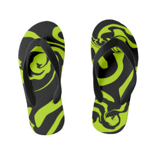 Lime Green and Black retro marble swirl Kid's Flip Flops
