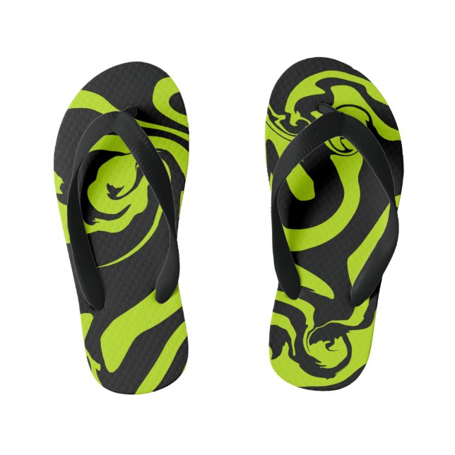 Lime Green and Black retro marble swirl Kid's Flip Flops (Footbed)