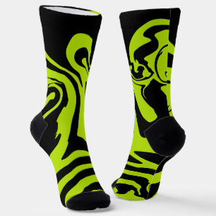 Lime Green and Black retro marble swirl Socks