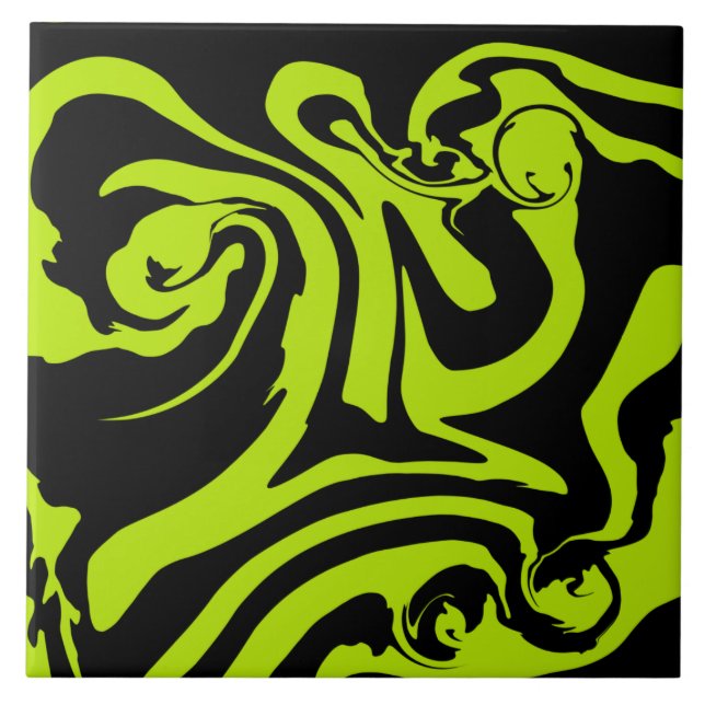 Lime Green and Black retro marble swirl Tile (Front)