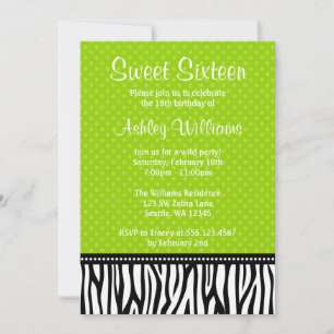 Lime Green and Black Zebra Polka Dot Sweet 16 Invitation