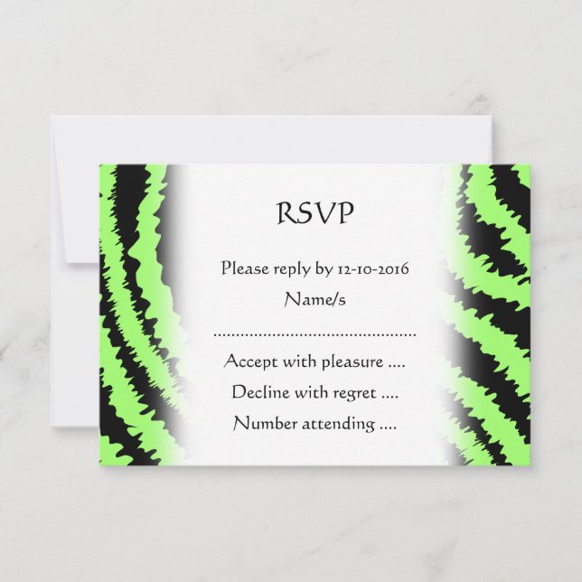 Lime Green and Black Zebra Print Pattern RSVP Card (Front)