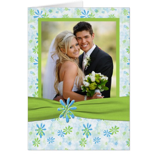 Lime Green and Blue Floral Photo Thank you Card