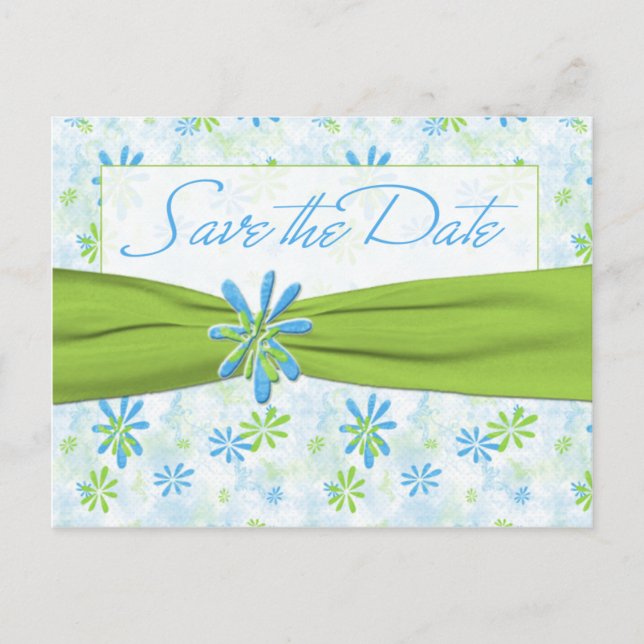 Lime Green and Blue Floral Save the Date Postcard (Front)