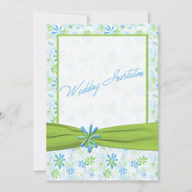 Lime Green and Blue Floral Wedding Invitation (Front)