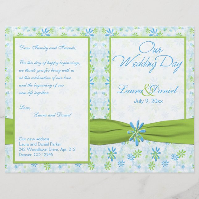 Lime Green and Blue Floral Wedding Program (Front)
