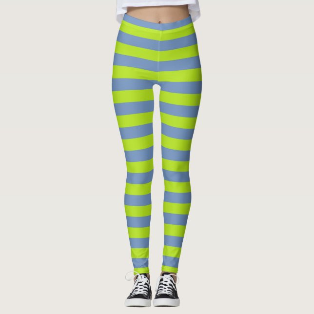 Lime Green and Blue/Grey Stripes Leggings (Front)
