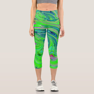 Lime Green and Blue Groovy Abstract Retro Art Capri Leggings