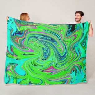 Lime Green and Blue Groovy Abstract Retro Art Fleece Blanket