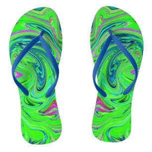 Lime Green and Blue Groovy Abstract Retro Art Flip Flops