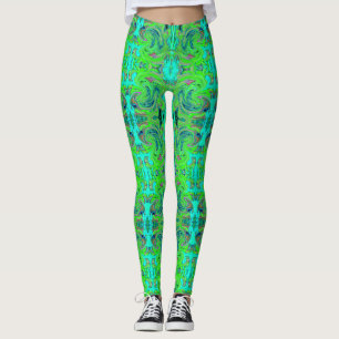 Lime Green and Blue Groovy Abstract Retro Art Leggings