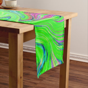 Lime Green and Blue Groovy Abstract Retro Art Medium Table Runner