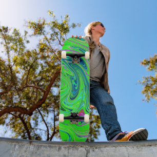 Lime Green and Blue Groovy Abstract Retro Art Skateboard