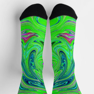 Lime Green and Blue Groovy Abstract Retro Art Socks