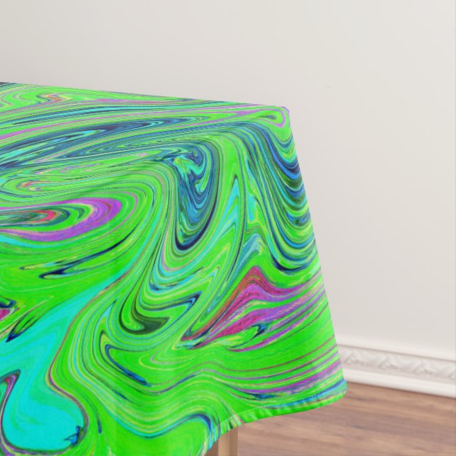 Lime Green and Blue Groovy Abstract Retro Art Tablecloth (In Situ)