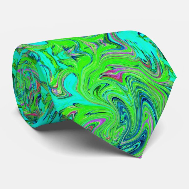 Lime Green and Blue Groovy Abstract Retro Art Tie (Rolled)