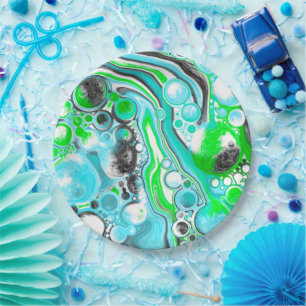 Lime Green and Blue Marble like Swirls Bubbles Paper Plate