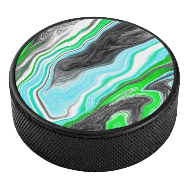 Lime Green and Blue Marble like Swirls  Hockey Puck (3/4)
